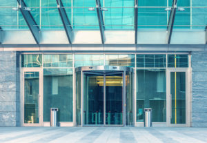 A newly installed automatic door at a commercial retail location